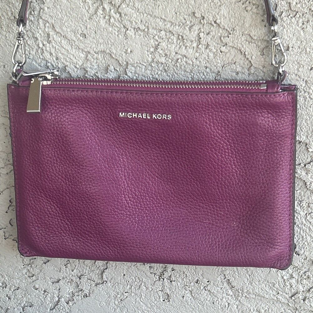 Michael Kors Pebbled Leather Crossbody Purse Double Purse Plum Wine Burgundy Bag